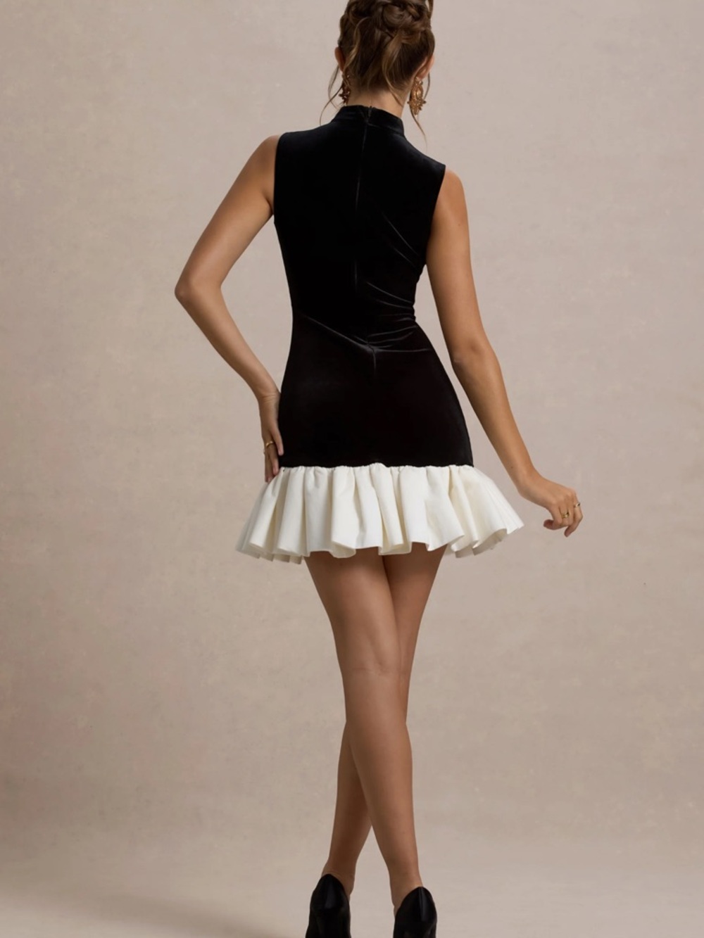 Club L London Black Mini Dress with White Ruffle Hem - Picture 3 of 5